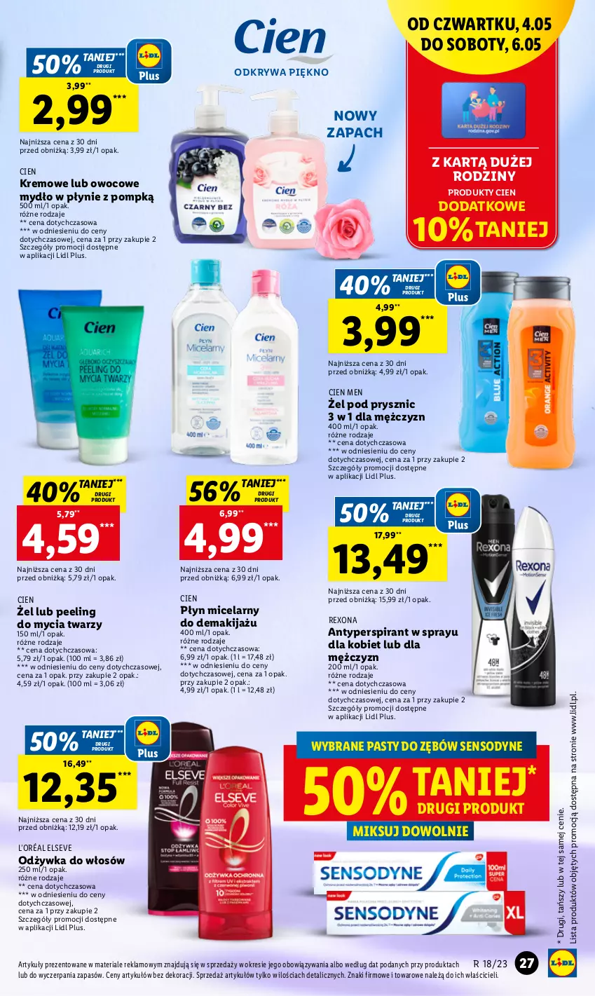 Gazetka promocyjna Lidl - GAZETKA - ważna 04.05 do 06.05.2023 - strona 39 - produkty: Antyperspirant, Chleb, Elseve, L’Oréal, Makijaż, Mydło, Mydło w płynie, Odżywka, Peeling, Płyn micelarny, Rexona, Sensodyne