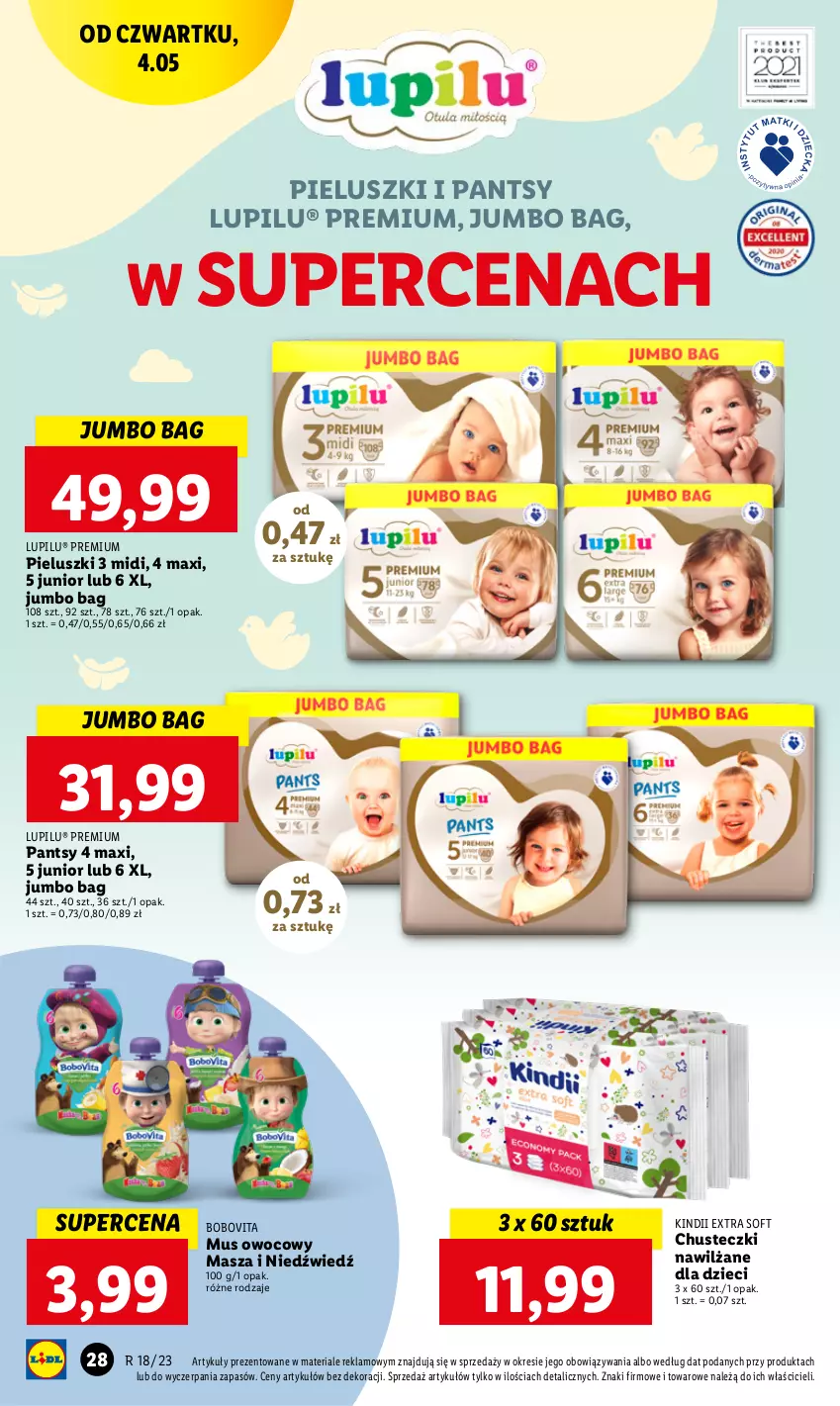 Gazetka promocyjna Lidl - GAZETKA - ważna 04.05 do 06.05.2023 - strona 40 - produkty: BoboVita, Chusteczki, Dzieci, Kindii, Masza i Niedźwiedź, Mus, O Bag