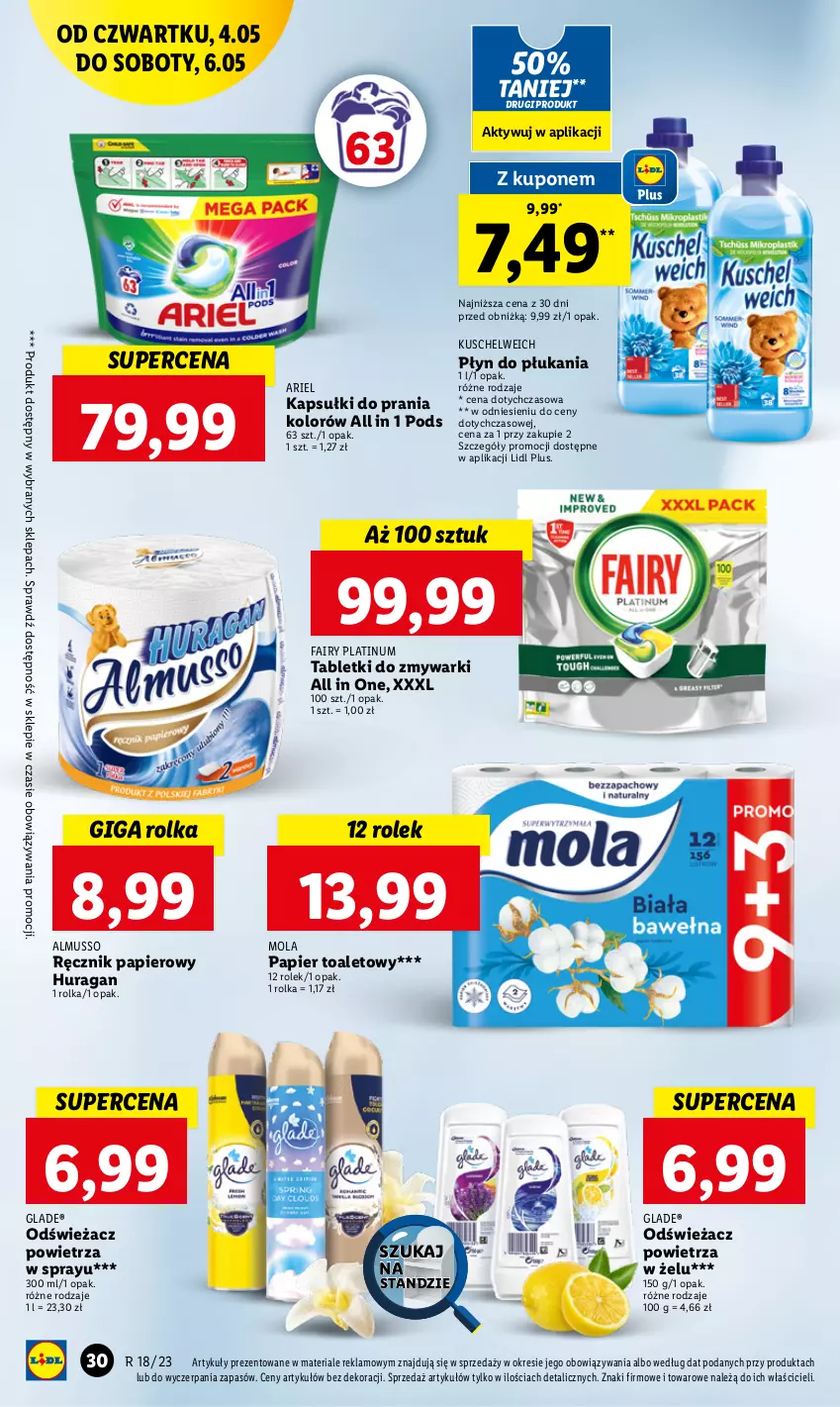 Gazetka promocyjna Lidl - GAZETKA - ważna 04.05 do 06.05.2023 - strona 42 - produkty: Ariel, Fa, Fairy, Kapsułki do prania, Mola, Mus, Odświeżacz powietrza, Papier, Papier toaletowy, Płyn do płukania, Ręcznik, Tablet, Tabletki do zmywarki, Zmywarki