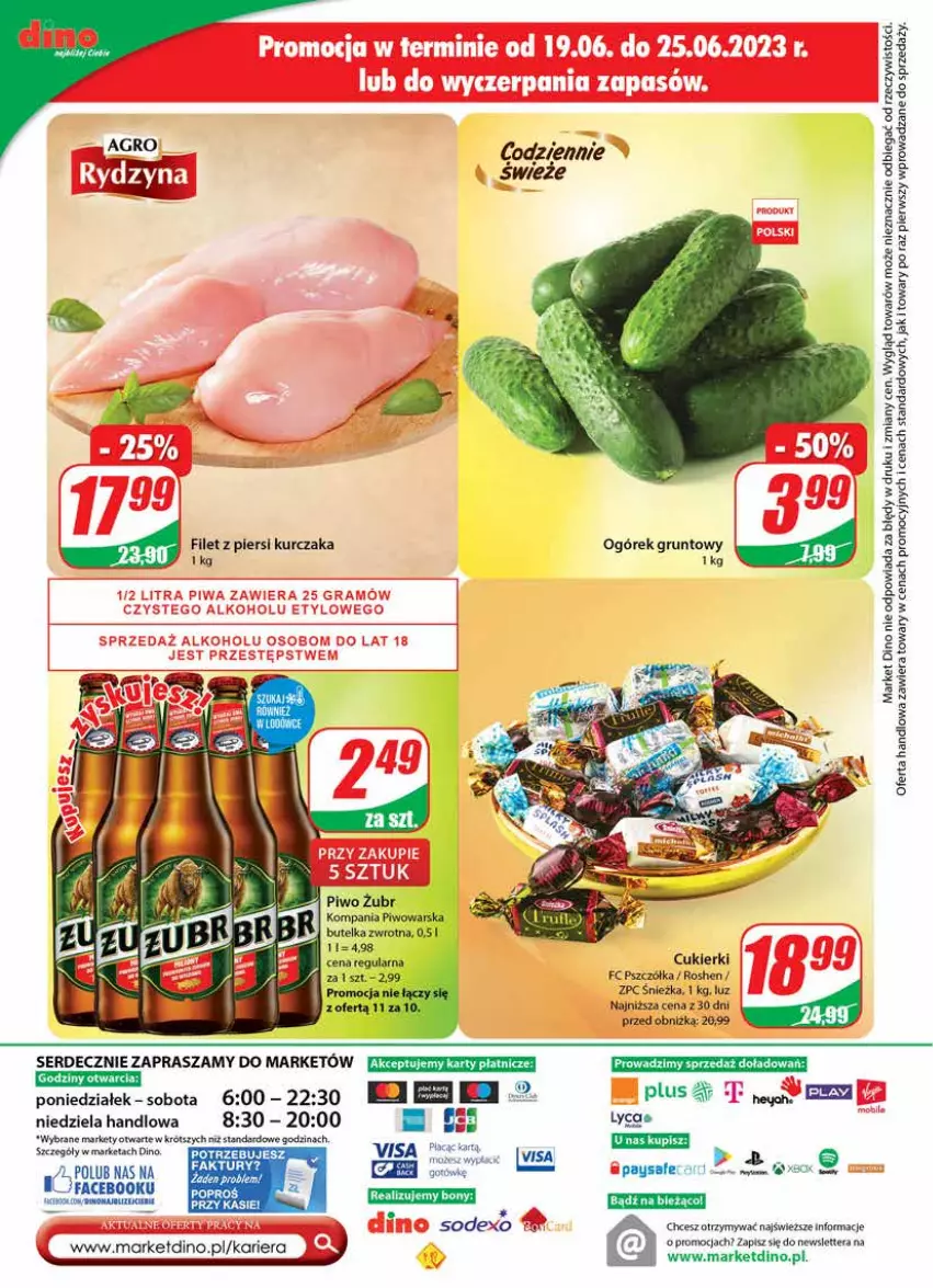 Gazetka promocyjna Dino - G25 - ważna 21.06 do 27.06.2023 - strona 28 - produkty: Cukier, Cukierki, Fa, Filet z piersi kurczaka, Grunt, Kurczak, Ogórek, Piwo, Ser, Tera