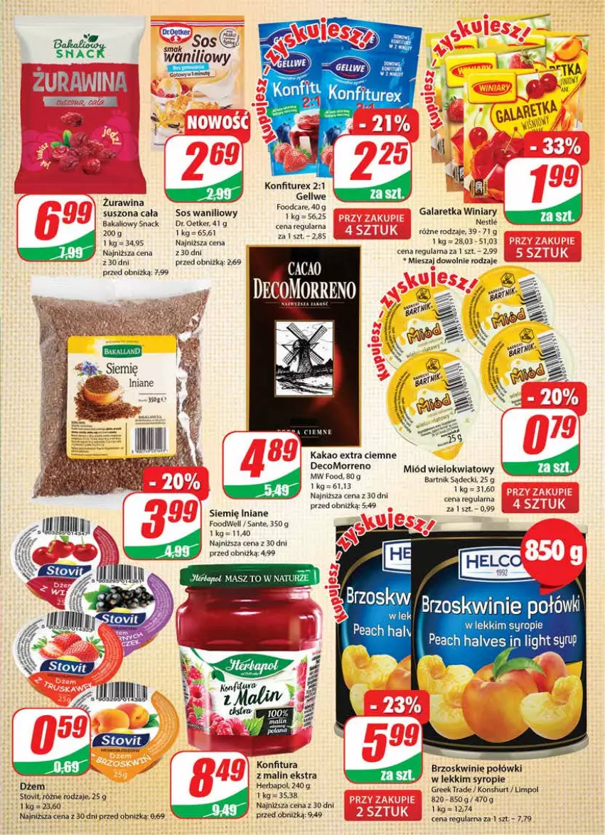 Gazetka promocyjna Dino - G25 - ważna 21.06 do 27.06.2023 - strona 5 - produkty: Brzoskwinie, Dr. Oetker, Dżem, Gala, Galaretka, Herbapol, Kakao, Konfitura, Miód, Sante, Siemię Iniane, Sos, Syrop, Winiary