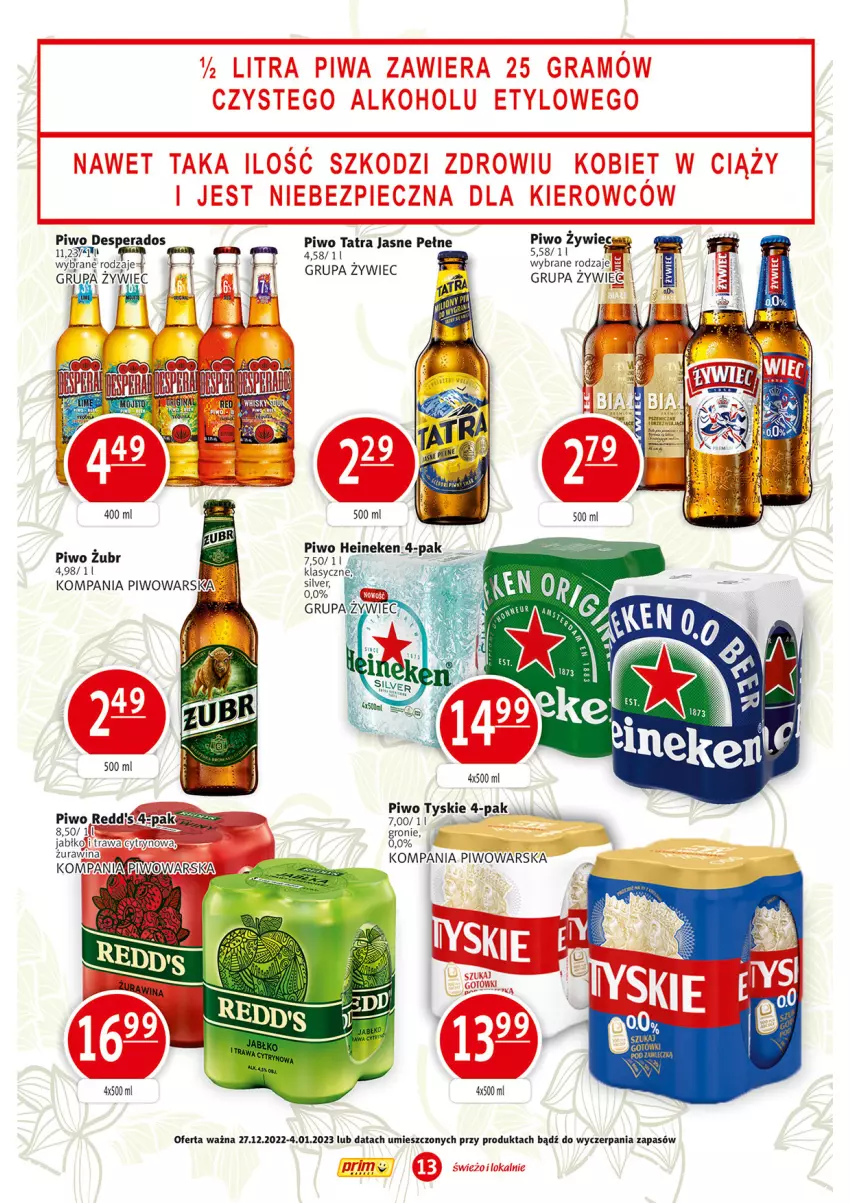 Gazetka promocyjna Prim Market - ważna 27.12 do 04.01.2023 - strona 13 - produkty: Desperados, Heineken, Piwo, Tatra, Tyskie