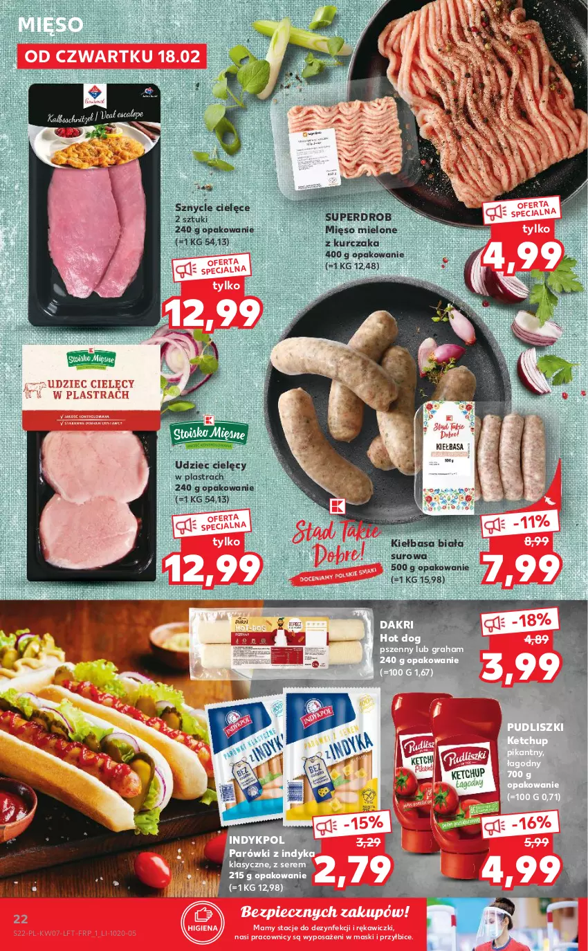 Gazetka promocyjna Kaufland - OFERTA TYGODNIA - ważna 18.02 do 24.02.2021 - strona 22 - produkty: BIC, Gra, Hot dog, Ketchup, Kiełbasa, Kiełbasa biała, Kurczak, Mięso, Mięso mielone, Parówki, Parówki z indyka, Piec, Pudliszki, Ser, Udziec cielęcy