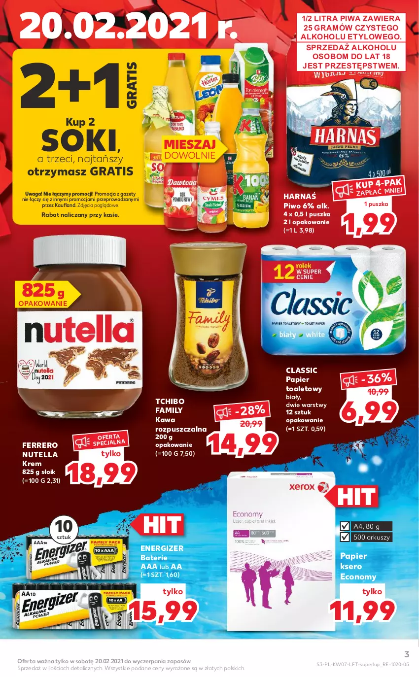 Gazetka promocyjna Kaufland - OFERTA TYGODNIA - ważna 18.02 do 24.02.2021 - strona 3 - produkty: Energizer, Fa, Ferrero, Gra, Harnaś, Kawa, Kawa rozpuszczalna, Nutella, Papier, Papier toaletowy, Piwa, Piwo, Ser, Sok, Tchibo, Tchibo Family, Waga