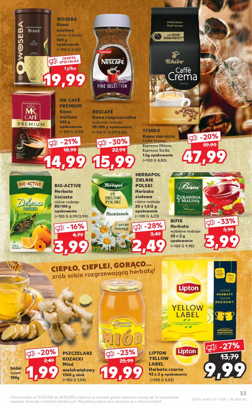 Gazetka promocyjna Kaufland - OFERTA TYGODNIA - ważna 18.02 do 24.02.2021 - strona 33 - produkty: Herbapol, Herbata, Herbata czarna, Imbir, Kawa, Kawa mielona, Kawa rozpuszczalna, Kawa ziarnista, Lipton, Miód, Tchibo, Woseba