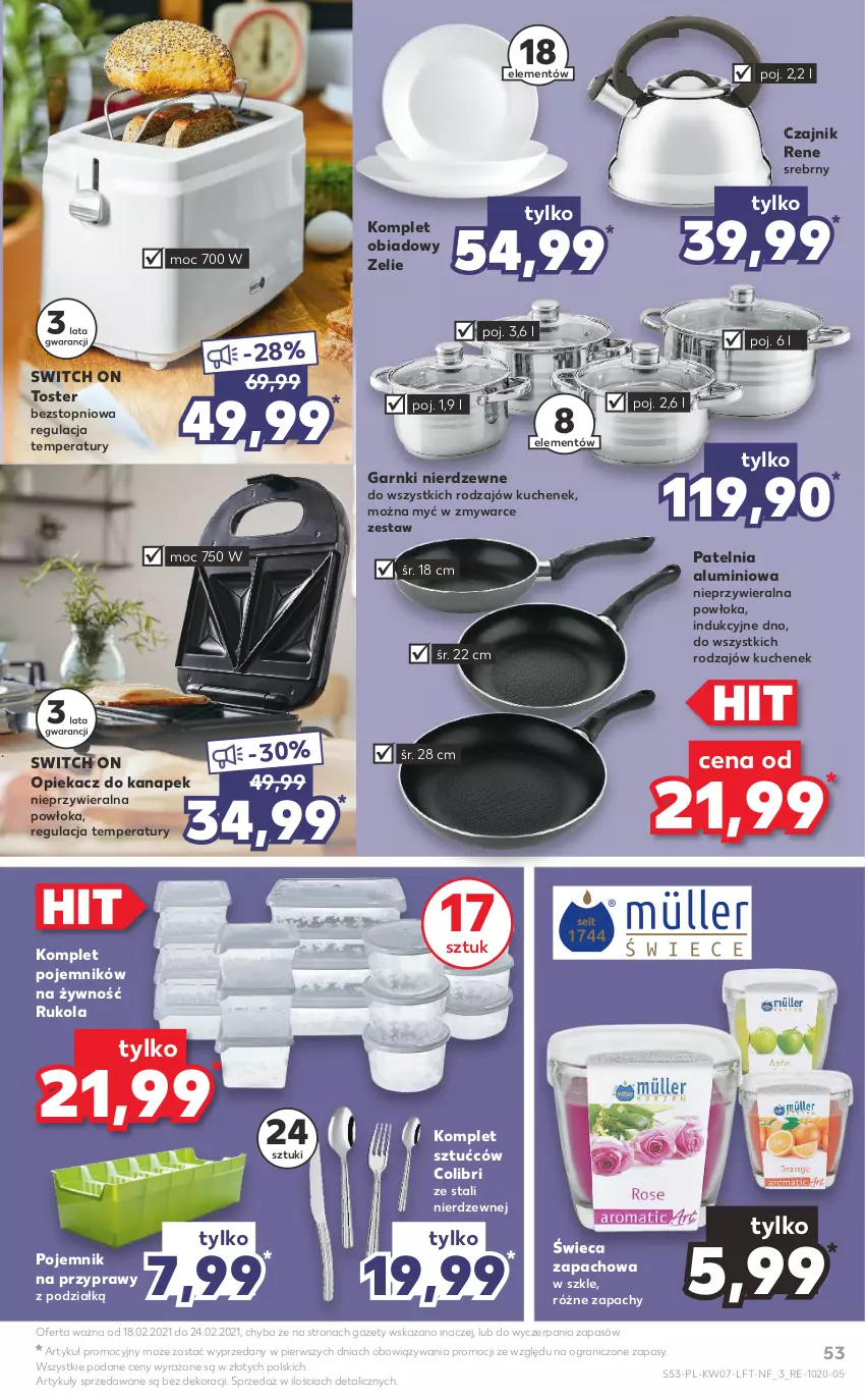 Gazetka promocyjna Kaufland - OFERTA TYGODNIA - ważna 18.02 do 24.02.2021 - strona 53 - produkty: Czajnik, Gra, Komplet obiadowy, Opiekacz do kanapek, Patelnia, Pojemnik, Pojemnik na przyprawy, Przyprawy, Rukola, Top, Toster