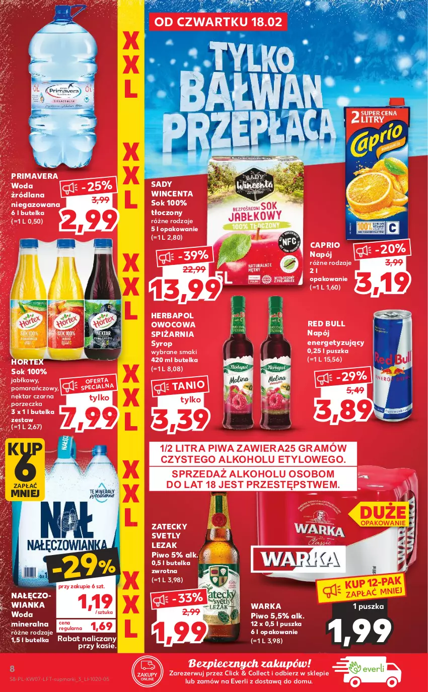 Gazetka promocyjna Kaufland - OFERTA TYGODNIA - ważna 18.02 do 24.02.2021 - strona 8 - produkty: Gra, Herbapol, Hortex, LANA, Nałęczowianka, Napój, Nektar, Piec, Piwa, Piwo, Por, Prima, Primavera, Red Bull, Sok, Syrop, Tera, Warka, Woda, Woda mineralna