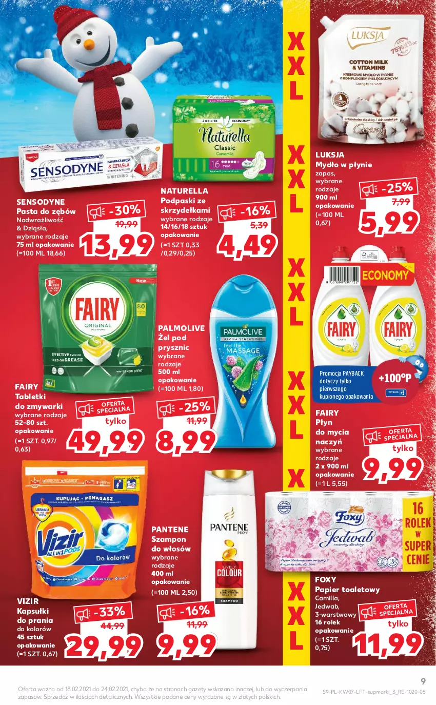 Gazetka promocyjna Kaufland - OFERTA TYGODNIA - ważna 18.02 do 24.02.2021 - strona 9 - produkty: Do mycia naczyń, Fa, Fairy, Foxy, Kapsułki do prania, Luksja, Mydło, Mydło w płynie, Naturell, Naturella, Palmolive, Pantene, Papier, Papier toaletowy, Pasta do zębów, Płyn do mycia, Płyn do mycia naczyń, Podpaski, Podpaski ze skrzydełkami, Sensodyne, Szampon, Tablet, Tabletki do zmywarki, Vizir, Zmywarki