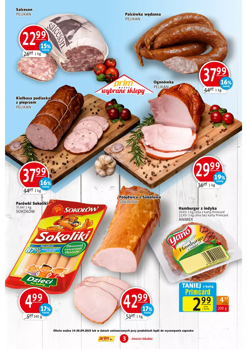 Gazetka promocyjna Prim Market - ważna 14.09 do 20.09.2023 - strona 3 - produkty: Burger, Hamburger, Kiełbasa, Ogonówka, Pieprz, Salceson, Sok, Sokołów