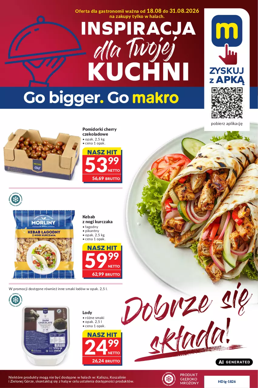 Gazetka promocyjna Makro - Oferta dla gastronomii - ważna 18.08 do 31.08.2026 - strona 1 - produkty: Kebab, Kosz, Kurczak, Lody, Pomidorki, Szal