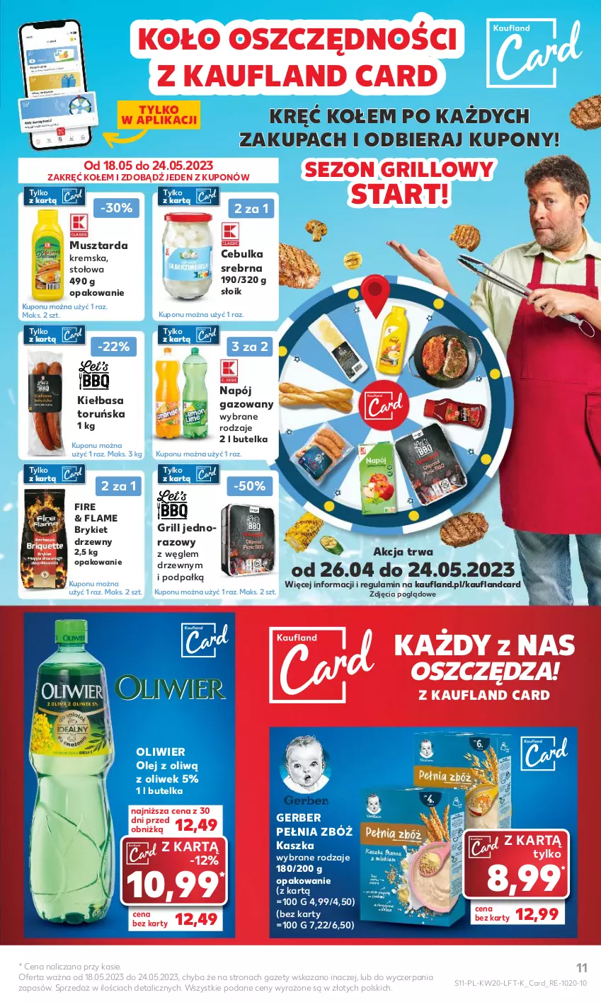 Gazetka promocyjna Kaufland - Gazetka tygodnia - ważna 18.05 do 24.05.2023 - strona 11 - produkty: Brykiet drzewny, Gerber, Grill, Kiełbasa, Mus, Musztarda, Napój, Napój gazowany, Olej