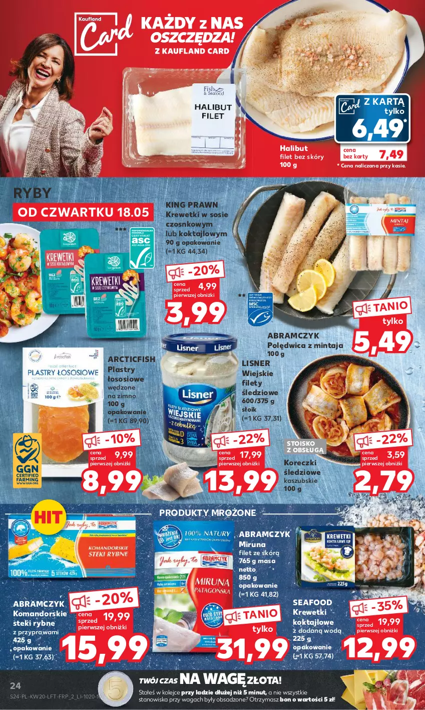 Gazetka promocyjna Kaufland - Gazetka tygodnia - ważna 18.05 do 24.05.2023 - strona 24 - produkty: Halibut, Koreczki śledziowe, Krewetki, Lisner, Mintaj, Miruna, Olej, Polędwica, Produkty mrożone, Sos, Stek, Waga