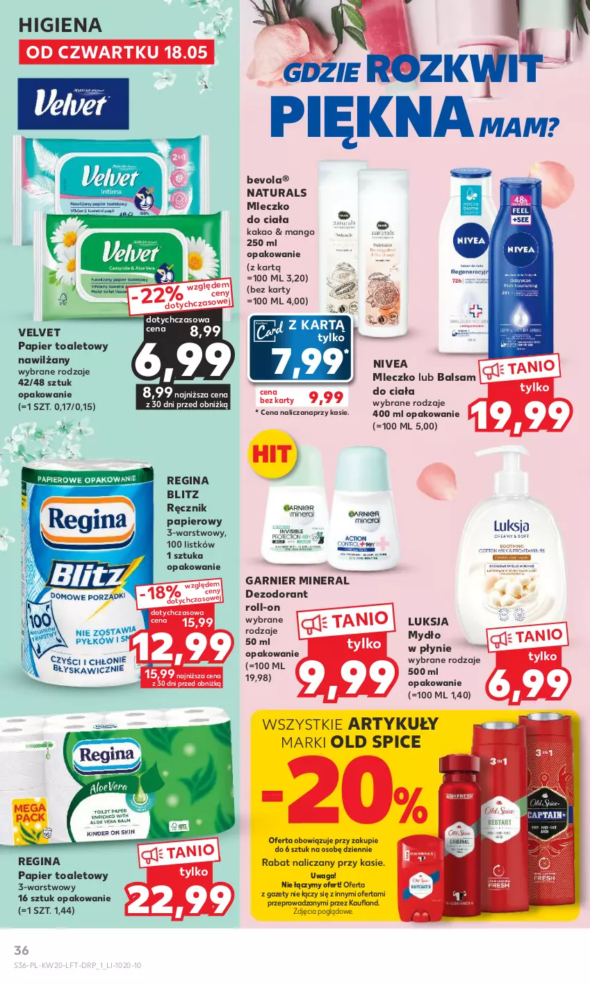 Gazetka promocyjna Kaufland - Gazetka tygodnia - ważna 18.05 do 24.05.2023 - strona 36 - produkty: Balsam do ciała, Dezodorant, Garnier, Gin, Kakao, Luksja, Mango, Mleczko, Mleczko do ciała, Mydło, Mydło w płynie, Nivea, Old Spice, Papier, Papier toaletowy, Ręcznik, Velvet, Waga