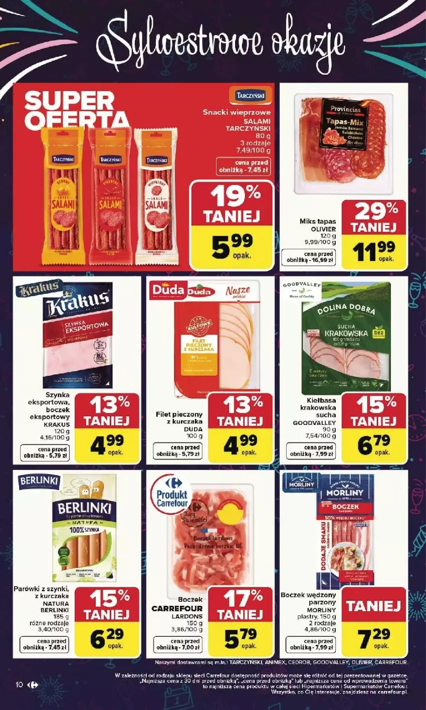 Gazetka promocyjna Carrefour - Gazetka Carrefour, Market od poniedziałku! - ważna 29.12.2025 do 03.01.2026 - strona 10 - produkty: Berlinki, Boczek, Duda, EPEE, Fa, Krakus, Kurczak, Morliny, Parówki, Parówki z szynki, Piec, Por, Ser, Sport, Szynka, Tarczyński