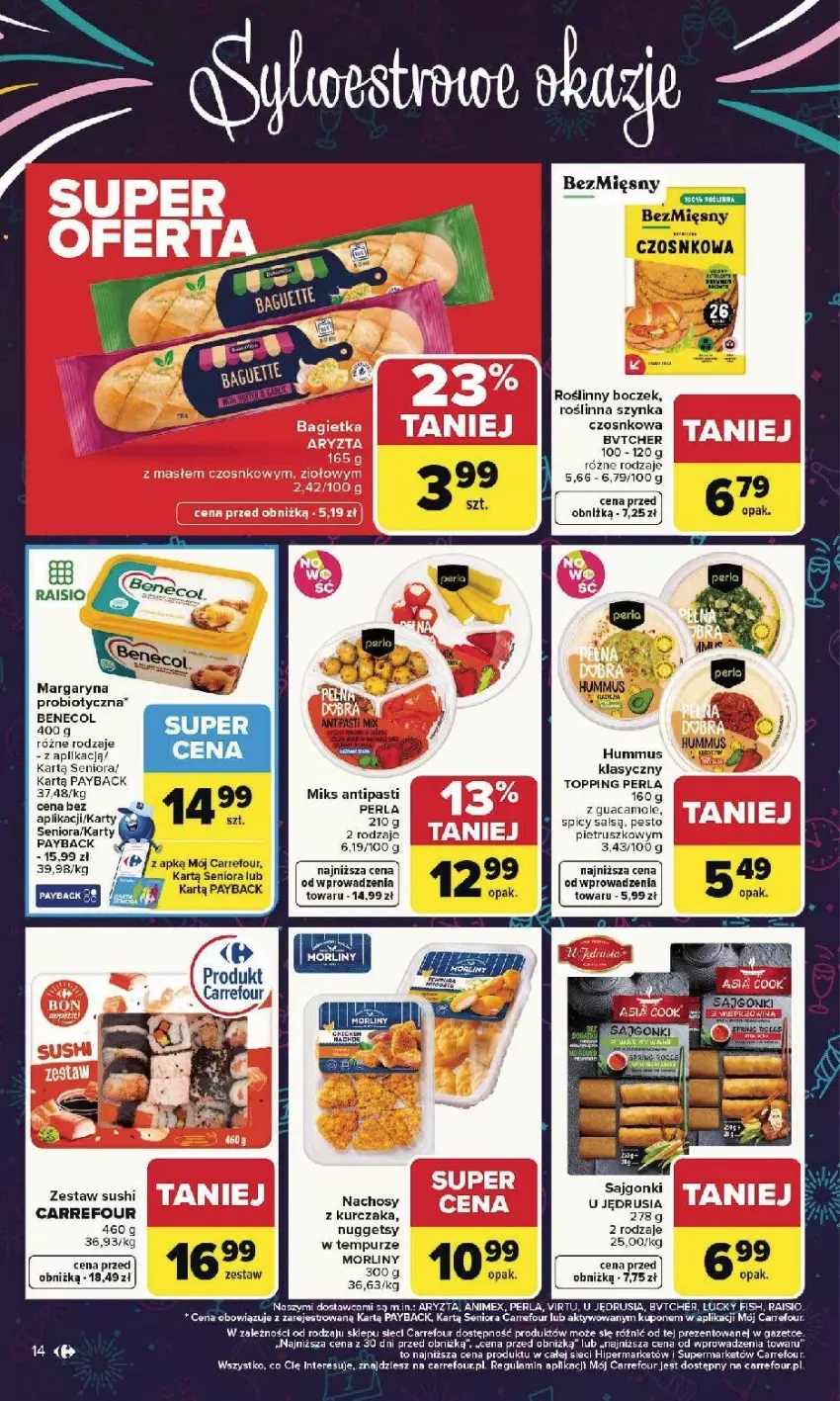 Gazetka promocyjna Carrefour - Gazetka Carrefour, Market od poniedziałku! - ważna 29.12.2025 do 03.01.2026 - strona 14 - produkty: Bagietka, Benecol, Boczek, Hummus, Kurczak, Margaryna, Mars, Mus, Pur, Rum, Sajgonki, Sushi, Szynka, Top, Virtu