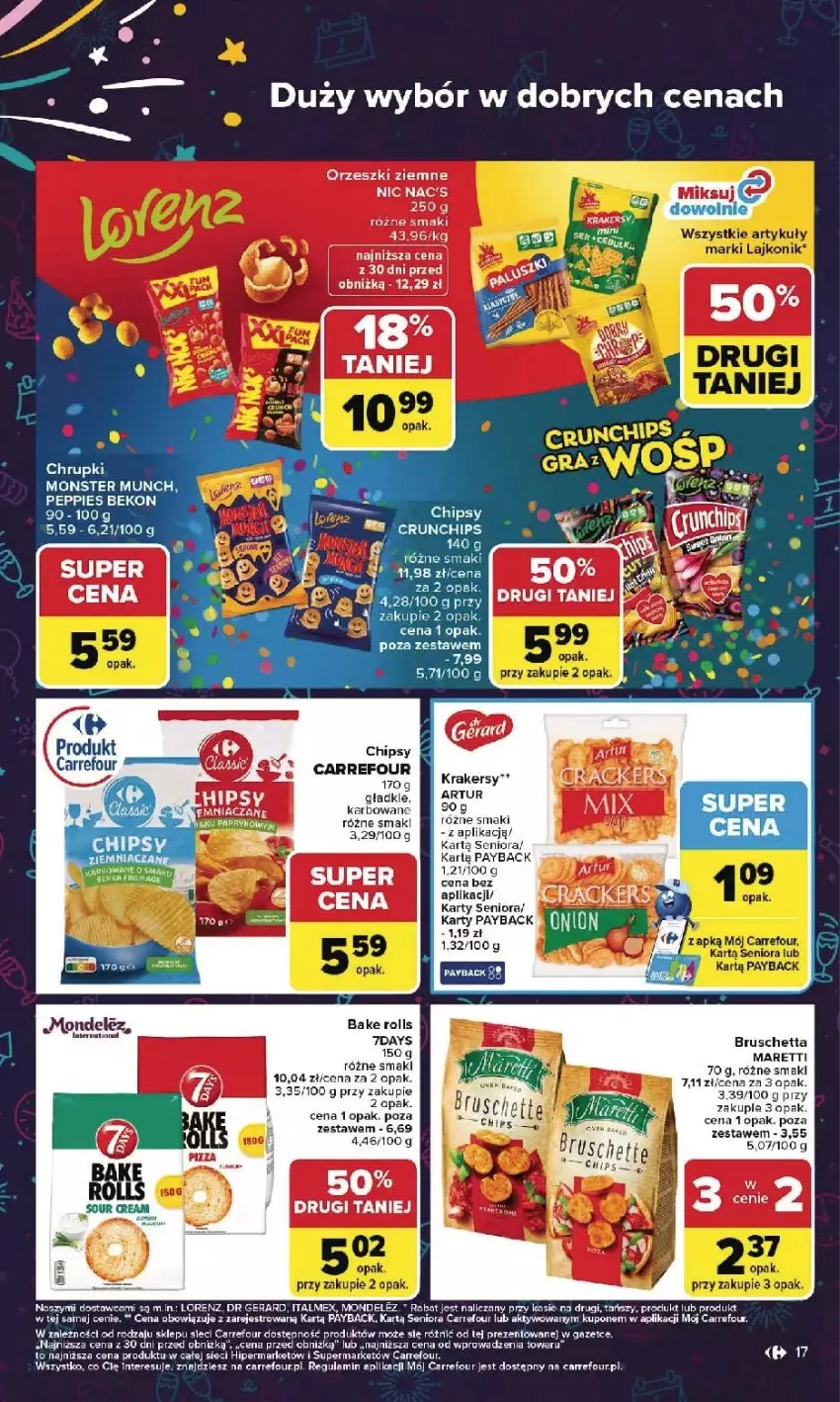 Gazetka promocyjna Carrefour - Gazetka Carrefour, Market od poniedziałku! - ważna 29.12.2025 do 03.01.2026 - strona 17 - produkty: Artur, Chipsy, Dr Gerard, Fa, K2, Krakersy, Lorenz, Monster Munch, Orzeszki, Orzeszki ziemne