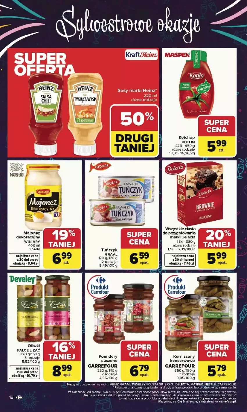 Gazetka promocyjna Carrefour - Gazetka Carrefour, Market od poniedziałku! - ważna 29.12.2025 do 03.01.2026 - strona 18 - produkty: Delecta, Fa, Gra, Graal, Heinz, Ketchup, Korniszony, Kotlin, Majonez, Oliwki, Parka, Pomidory, Ser, Tuńczyk, Winiary