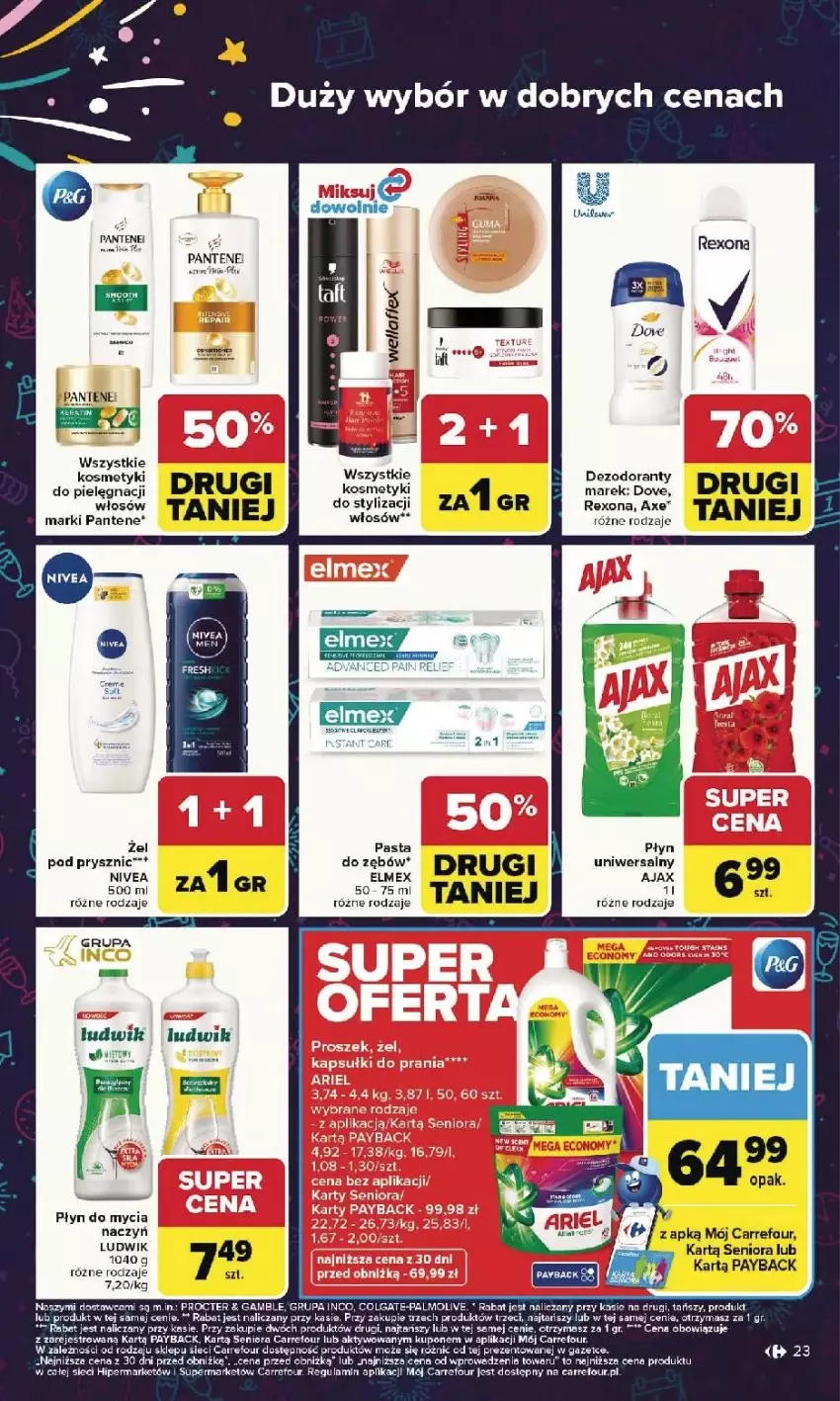 Gazetka promocyjna Carrefour - Gazetka Carrefour, Market od poniedziałku! - ważna 29.12.2025 do 03.01.2026 - strona 23 - produkty: Ajax, Dezodorant, Do mycia naczyń, Dove, Elmex, Fa, Kasia, Kosmetyki do pielęgnacji, Ludwik, Nivea, Pantene, Pasta do zębów, Płyn do mycia, Płyn do mycia naczyń, Rexona, Ser