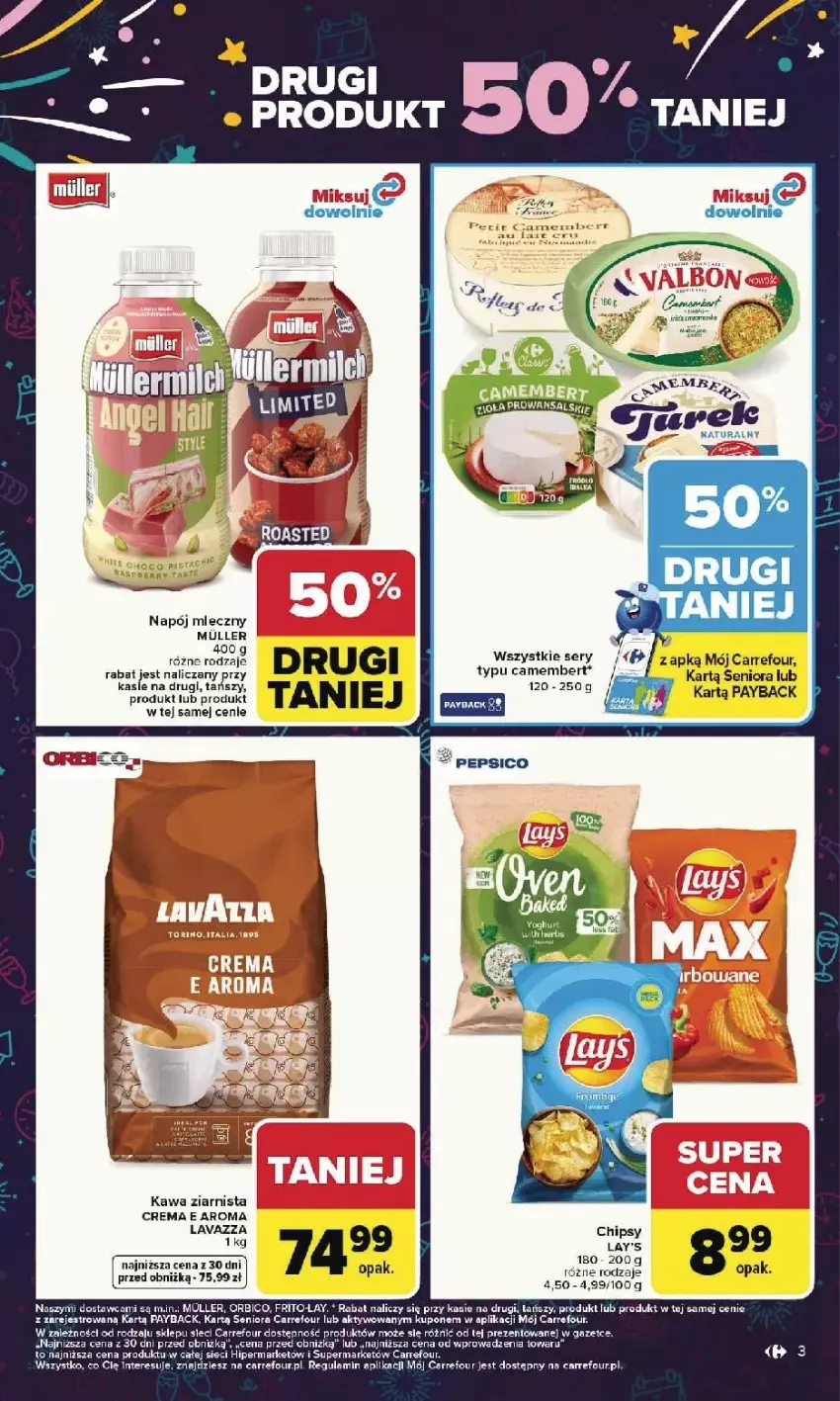 Gazetka promocyjna Carrefour - Gazetka Carrefour, Market od poniedziałku! - ważna 29.12.2025 do 03.01.2026 - strona 3 - produkty: BIC, Camembert, Chipsy, Kawa, Kawa ziarnista, Lavazza, Napój, Napój mleczny, Pepsi