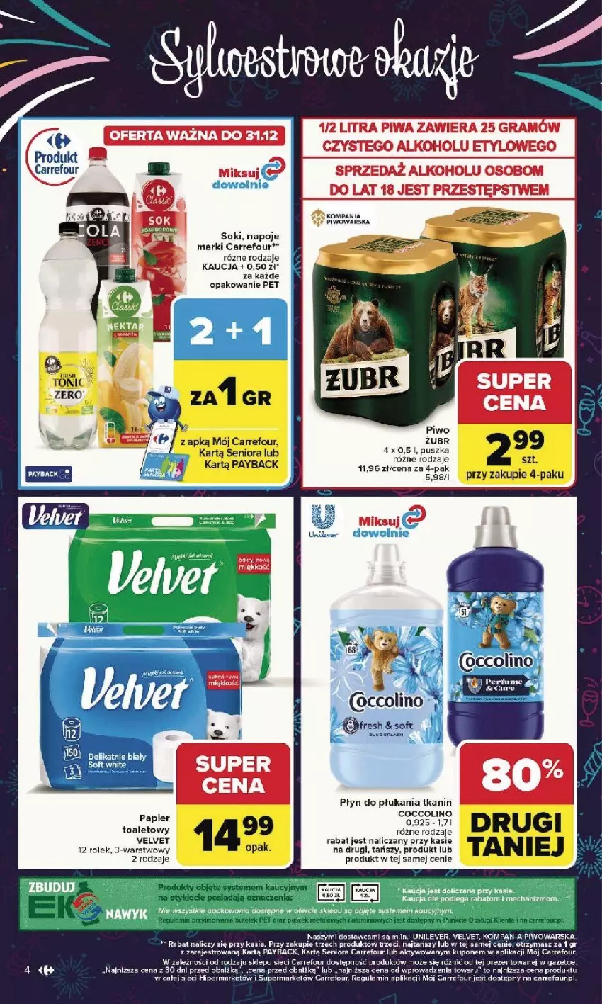 Gazetka promocyjna Carrefour - Gazetka Carrefour, Market od poniedziałku! - ważna 29.12.2025 do 03.01.2026 - strona 4 - produkty: Coccolino, Fa, Napoje, Piwo, Płyn do płukania, Sok, Velvet