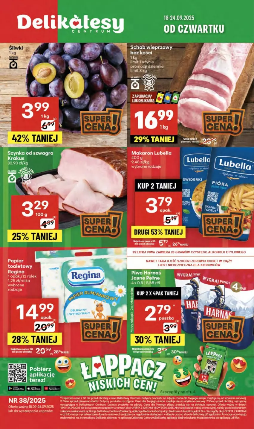 Gazetka promocyjna Delikatesy Centrum - Franczyza DC38 Czwartek - ważna 18.09 do 24.09.2025 - strona 1 - produkty: Gin, Gra, Harnaś, Koc, Papier, Piec, Piwa, Piwo, Rama, Rum, Szynka, Tran