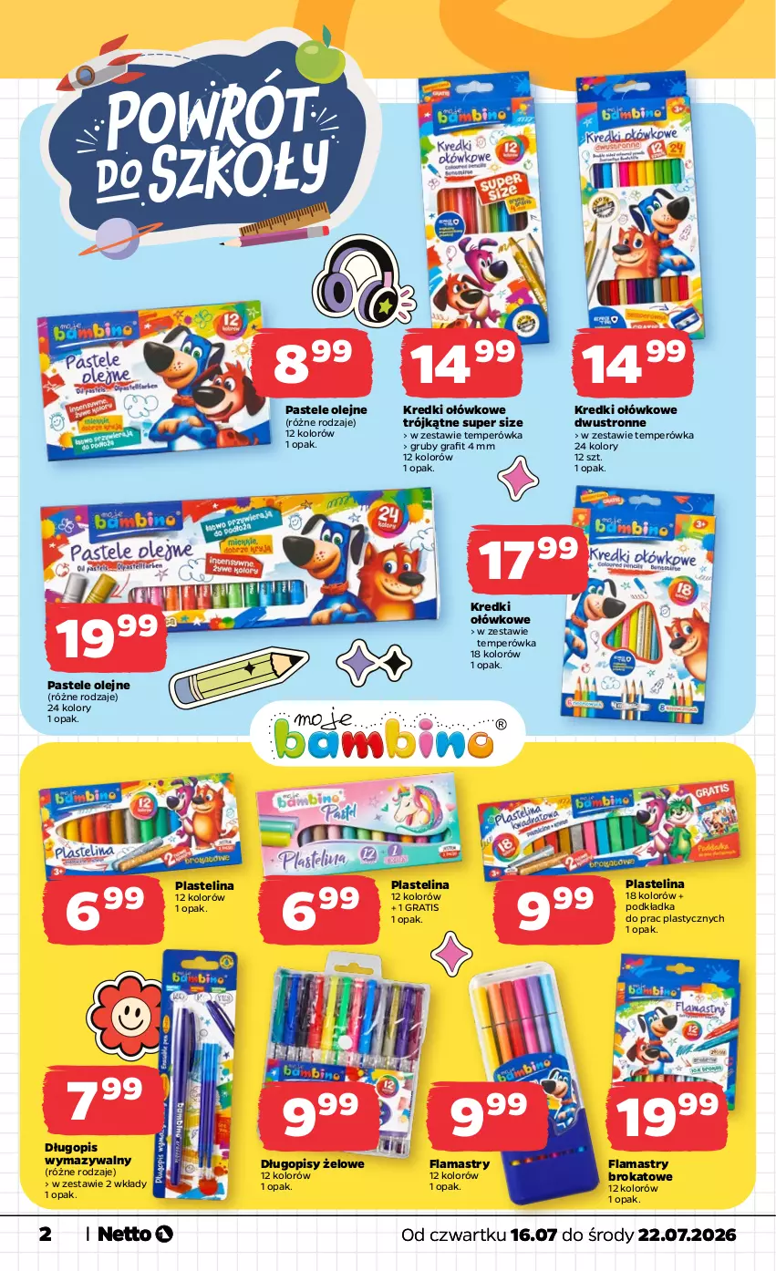 Gazetka promocyjna Netto - Od Czwartku - ważna 16.07 do 22.07.2026 - strona 2 - produkty: Długopis, Flamastry, Gra, Olej, Pastele olejne, Plastelina, Podkład, Podkładka
