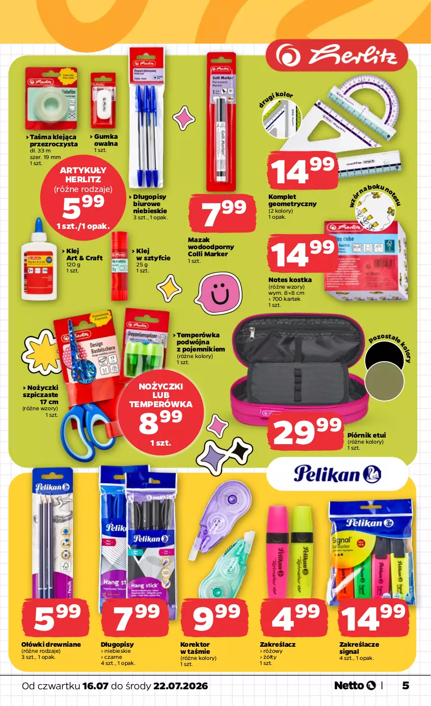 Gazetka promocyjna Netto - Od Czwartku - ważna 16.07 do 22.07.2026 - strona 5 - produkty: Biuro, Długopis, Klej, Marker, Noż, Nożyczki, Piórnik, Pojemnik, Por, Szpic