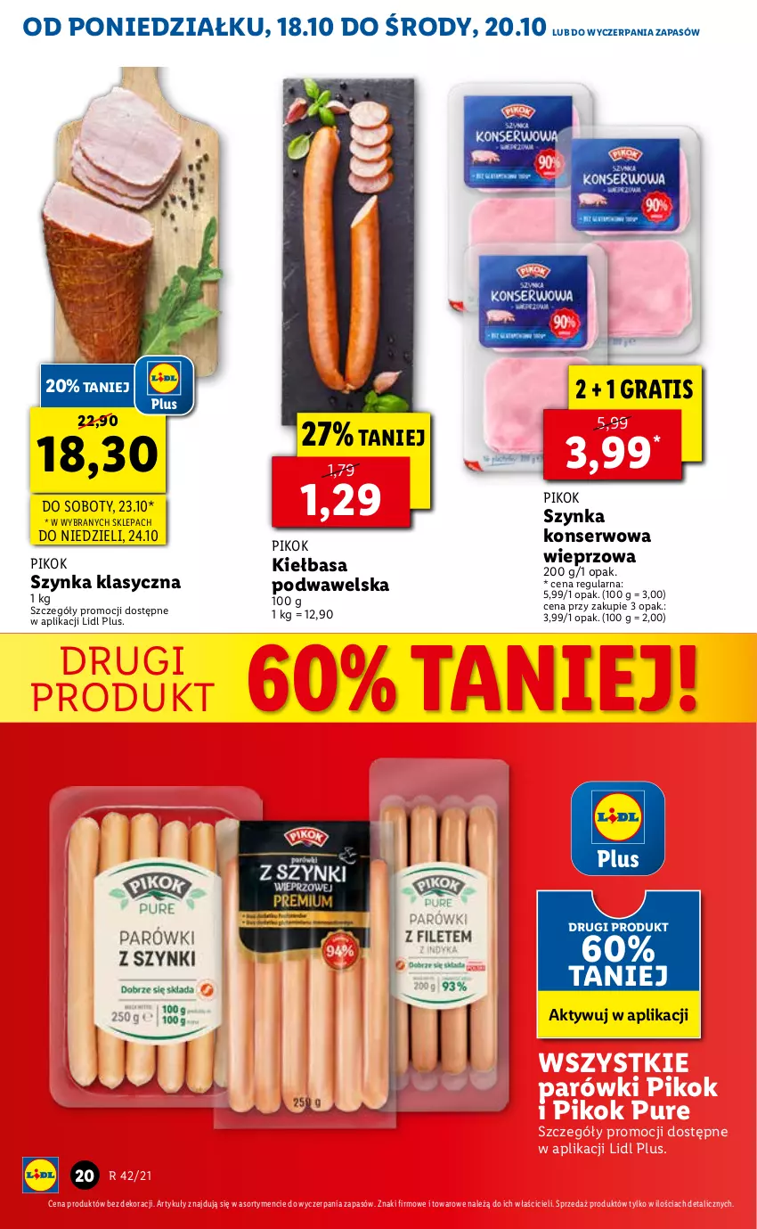 Gazetka promocyjna Lidl - ważna 18.10 do 21.10.2021 - strona 20 - produkty: Gra, Kiełbasa, Kiełbasa podwawelska, Parówki, PIKOK, Pur, Ser, Szynka, Szynka konserwowa, Wawel