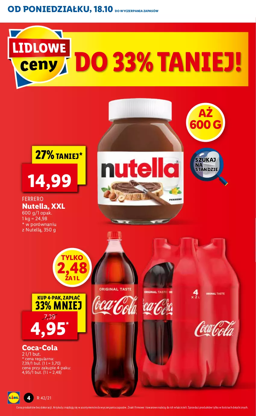 Gazetka promocyjna Lidl - ważna 18.10 do 21.10.2021 - strona 4 - produkty: Coca-Cola, Ferrero, Nutella, Por