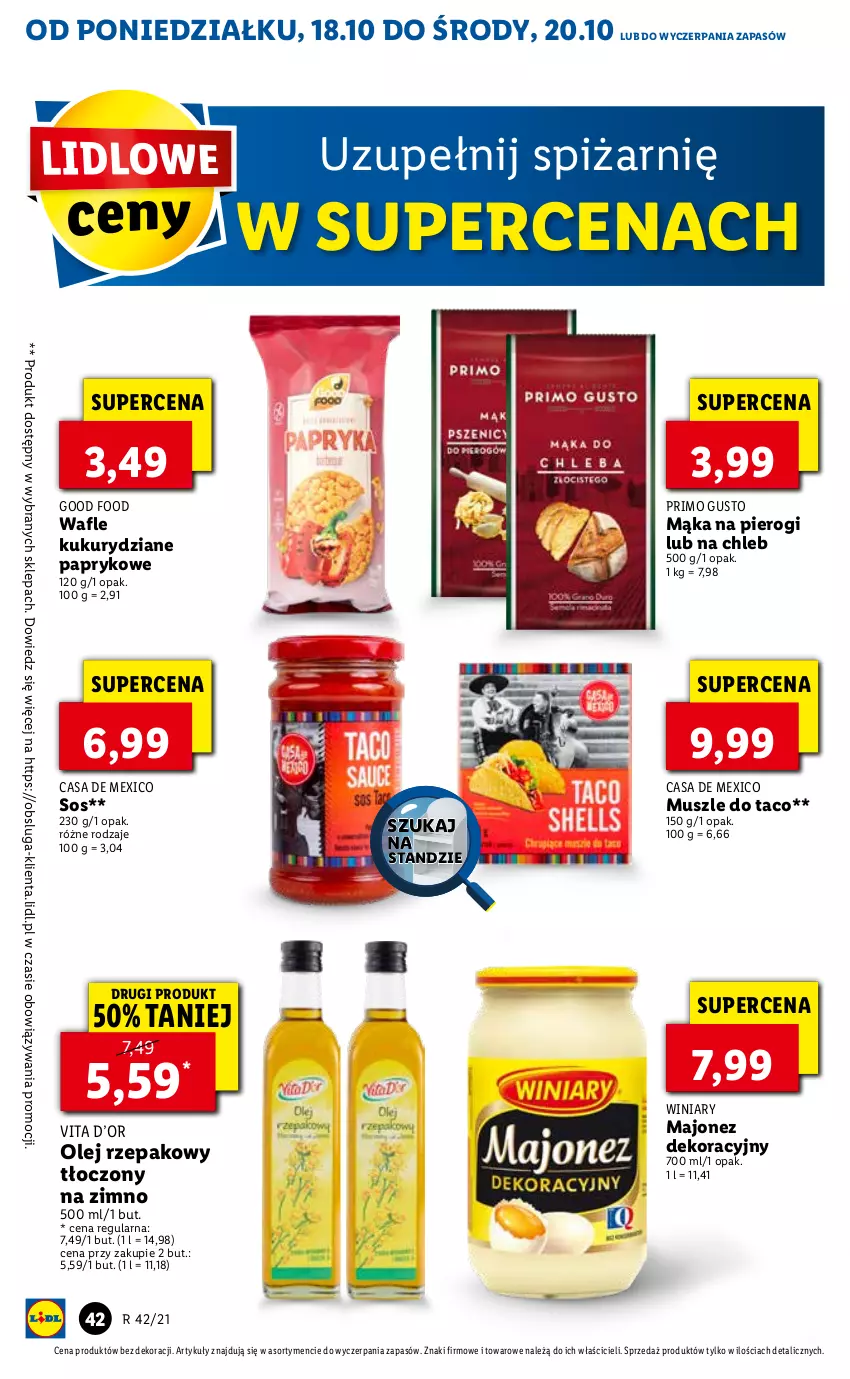 Gazetka promocyjna Lidl - ważna 18.10 do 21.10.2021 - strona 42 - produkty: Chleb, Majonez, Mąka, Mąka na pierogi, Mus, Olej, Olej rzepakowy, Pierogi, Sos, Winiary