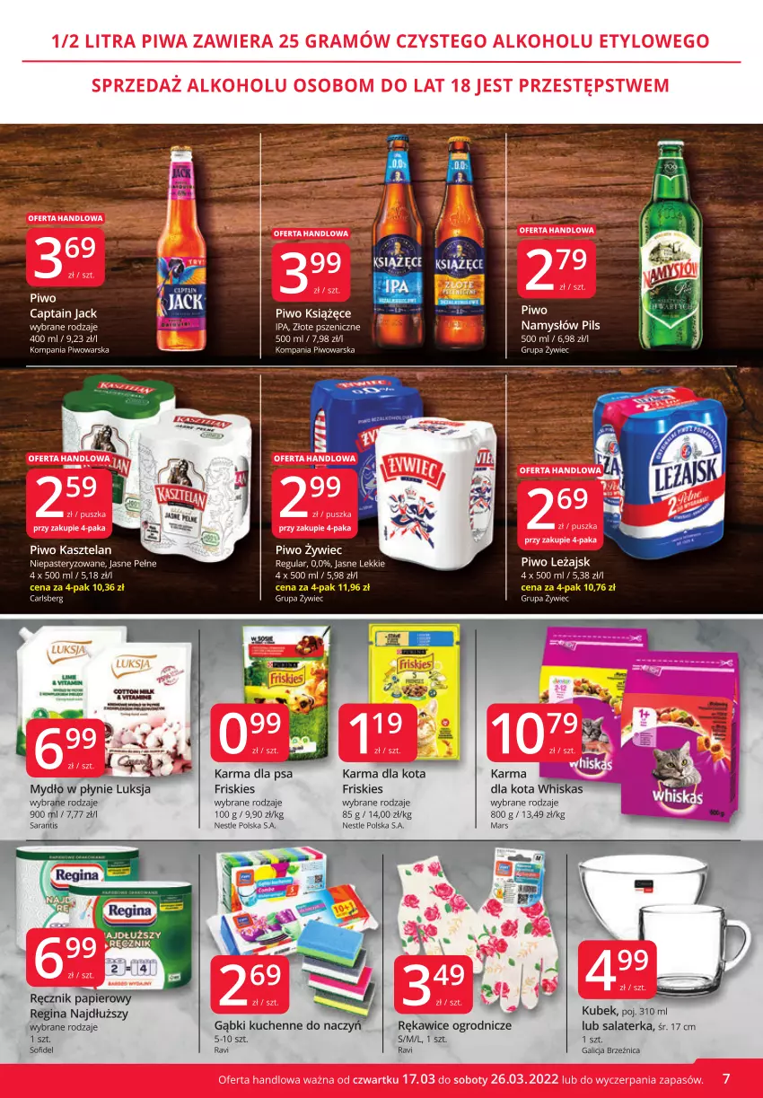 Gazetka promocyjna Market Vita - Gazetka promocyjna – Marketvita - ważna 17.03 do 26.03.2022 - strona 7 - produkty: Captain Jack, Carlsberg, Friskies, Gin, Kasztelan, Książęce, Kubek, Luksja, Mars, Mydło, Mydło w płynie, Namysłów, Papier, Piwo, Ręcznik, Rękawice, Salaterka, Whiskas