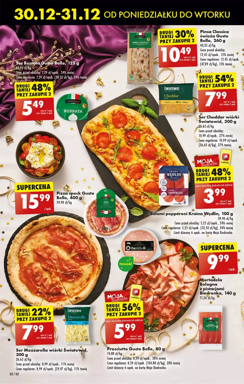 Gazetka promocyjna Biedronka - Od Poniedziałku - ważna 30.12.2024 do 04.01.2025 - strona 22 - produkty: Bell, Cheddar, LG, Mozzarella, Pizza, Prosciutto, Salami, Ser