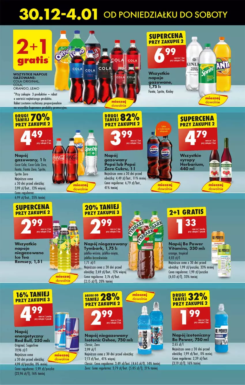 Gazetka promocyjna Biedronka - Od Poniedziałku - ważna 30.12.2024 do 04.01.2025 - strona 49 - produkty: Coca-Cola, Fa, Fanta, Gin, Gra, Ice tea, Leon, Mięta, Napój, Napój gazowany, Napój niegazowany, Napoje, Oshee, Pepsi, Por, Red Bull, Sprite, Syrop, Syropy, Tropical, Tymbark