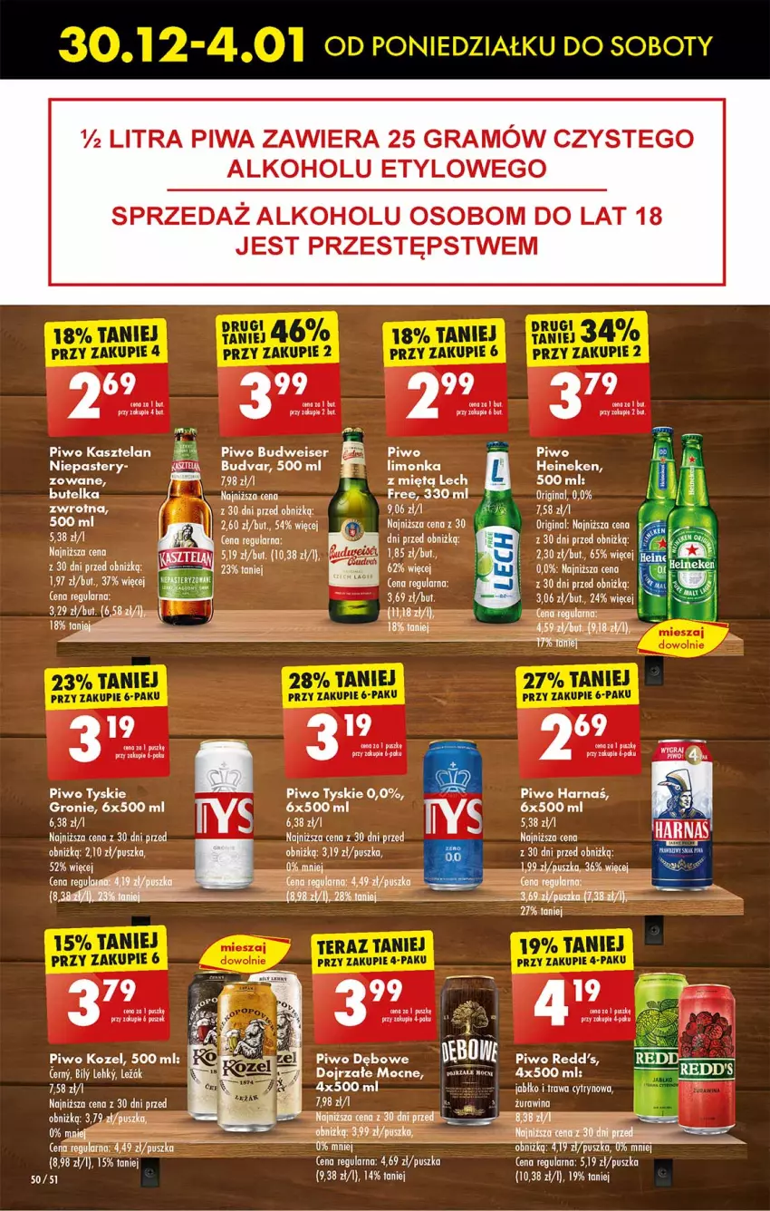 Gazetka promocyjna Biedronka - Od Poniedziałku - ważna 30.12.2024 do 04.01.2025 - strona 50 - produkty: Fa, Gra, Heineken, Kasztelan, Kozel, Leon, Piwa, Piwo, Redd's, Ser, Tarta, Tyskie