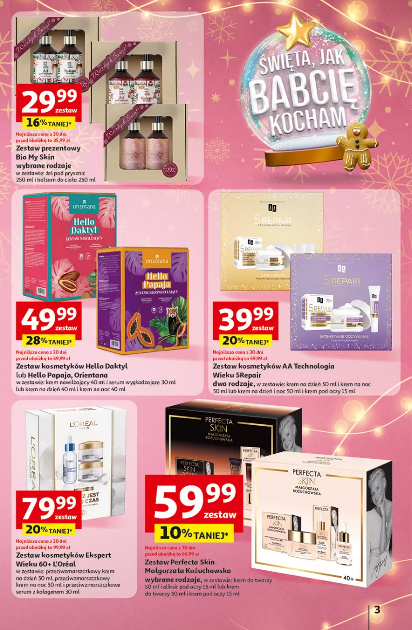 Gazetka promocyjna Auchan - katalog prezenty Świera jak babcię kocham Hipermarket - ważna 27.11 do 03.12.2025 - strona 3 - produkty: Balsam do ciała, Kolagen, Krem do twarzy, Krem na dzień, Krem na noc, Krem nawilżający, Krem pod oczy, Mars, Papaja, Perfecta, Rum, Ser, Serum, Zestaw prezentowy