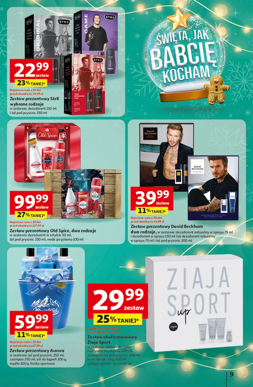 Gazetka promocyjna Auchan - katalog prezenty Świera jak babcię kocham Hipermarket - ważna 27.11 do 03.12.2025 - strona 9 - produkty: Antyperspirant, Balsam do ciała, David Beckham, Dezodorant, Krem do rąk, Mydło, Odżywka, Old Spice, Por, Rum, Ser, Serum, Sól, Sól do kąpieli, Sport, Str8, Szampon, Woda, Woda po goleniu, Zestaw prezentowy, Ziaja