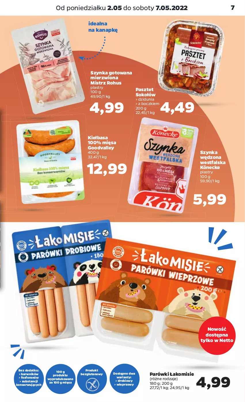 Gazetka promocyjna Netto - Gazetka spożywcza - ważna 02.05 do 07.05.2022 - strona 7 - produkty: Fa, Kiełbasa, Parówki, Pasztet, Ser, Sok, Sokołów, Szynka