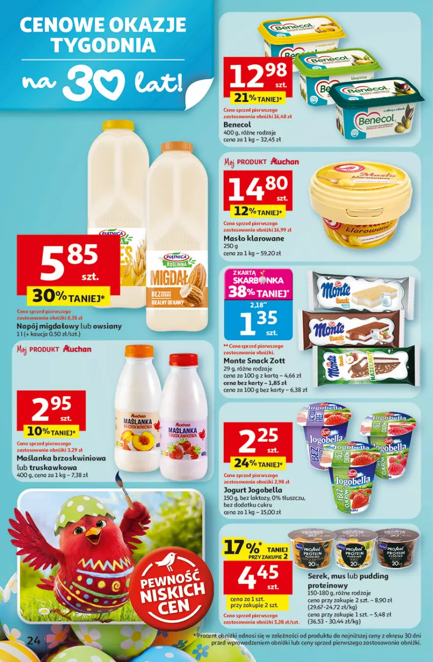 Gazetka promocyjna Auchan - 30 Lat Hipermarket - ważna 12.03 do 18.03.2026 - strona 24 - produkty: Bell, Bella, Benecol, Fa, Jogobella, Jogurt, Maślanka, Masło, Masło klarowane, Monte, Mus, Napój, Piątnica, Pudding, Ser, Serek, Zott