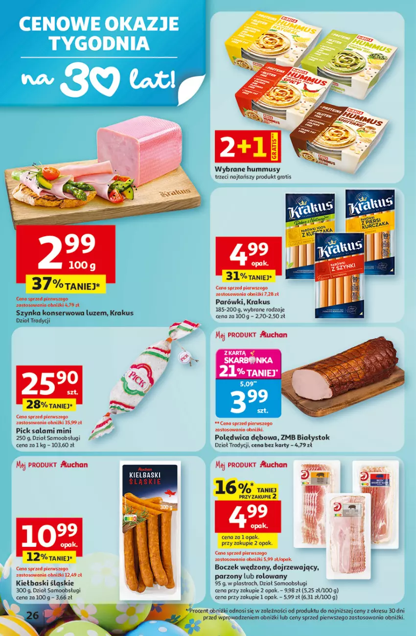 Gazetka promocyjna Auchan - 30 Lat Hipermarket - ważna 12.03 do 18.03.2026 - strona 26 - produkty: Boczek, Gra, Hummus, Kiełbaski śląskie, Krakus, Mus, Parówki, Polędwica, Salami, Ser, Szynka, Szynka konserwowa