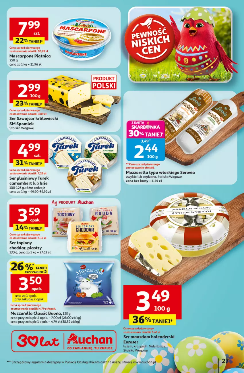 Gazetka promocyjna Auchan - 30 Lat Hipermarket - ważna 12.03 do 18.03.2026 - strona 27 - produkty: Brie, Camembert, Cheddar, Maasdam, Mascarpone, Mozzarella, Piątnica, Pieprz, Ser, Ser pleśniowy, Ser topiony, Top