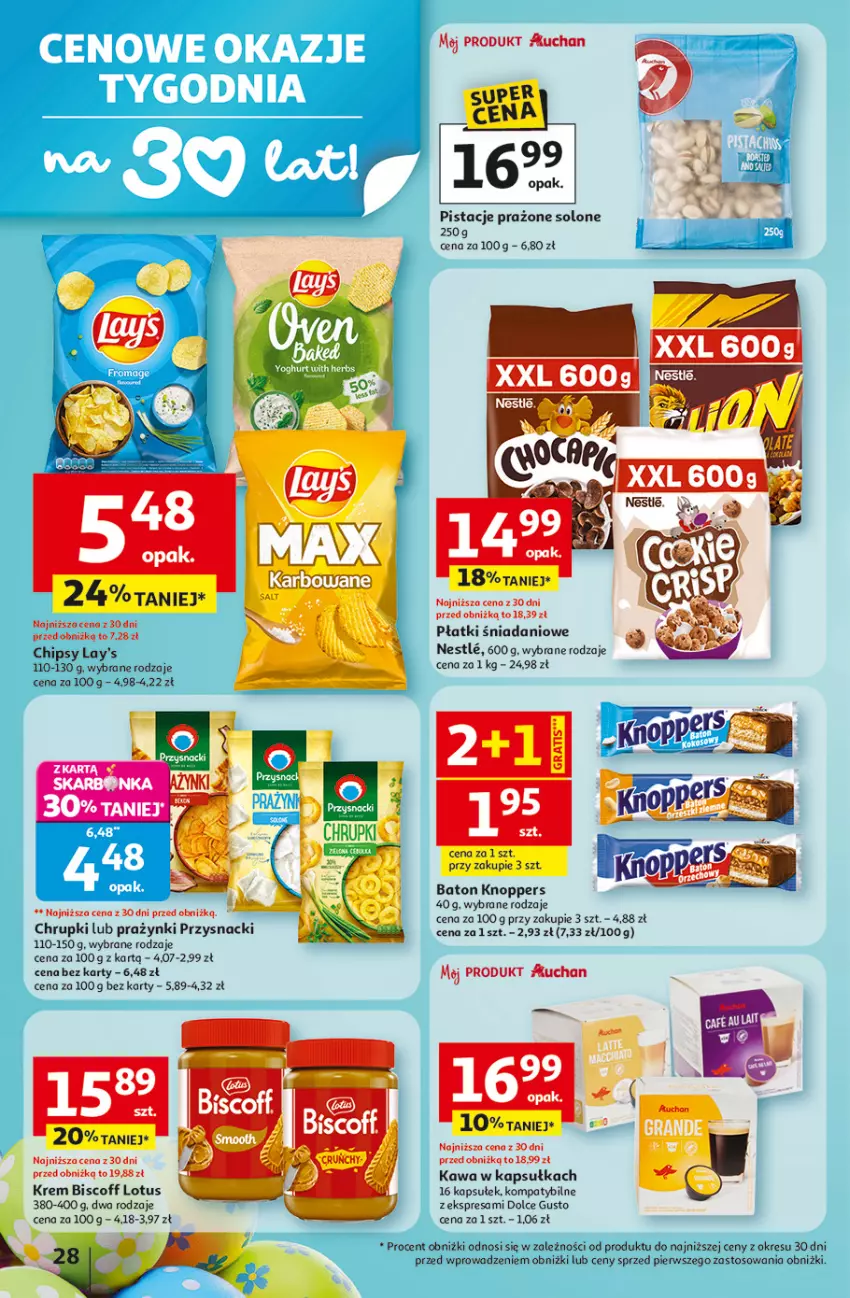 Gazetka promocyjna Auchan - 30 Lat Hipermarket - ważna 12.03 do 18.03.2026 - strona 28 - produkty: Baton, Chipsy, Chrupki, Danio, Dolce Gusto, Fa, Kawa, Knoppers, Pistacje, Przysnacki