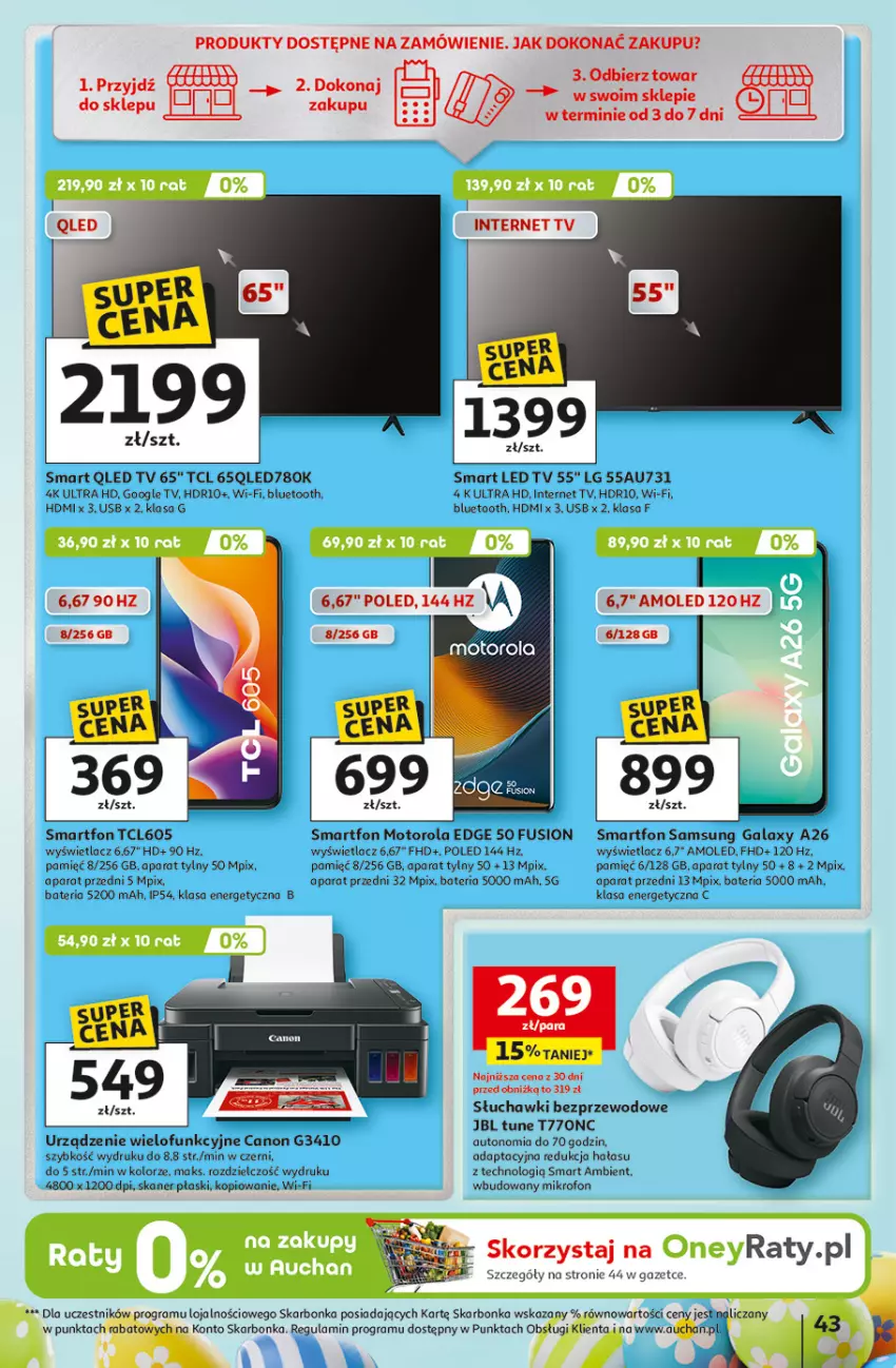 Gazetka promocyjna Auchan - 30 Lat Hipermarket - ważna 12.03 do 18.03.2026 - strona 43 - produkty: Amol, Bateria, Canon, Fusion, Gala, Gra, JBL, LED TV, LG, Mikrofon, Motorola, Samsung, Skaner, Słuchawki, Słuchawki bezprzewodowe, Smartfon, Urządzenie wielofunkcyjne