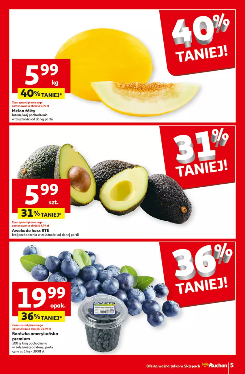 Gazetka promocyjna Auchan - Gazetka Oferty tygodnia! Moje Auchan - ważna 04.04 do 10.04.2024 - strona 5 - produkty: Borówka, Borówka amerykańska, Melon