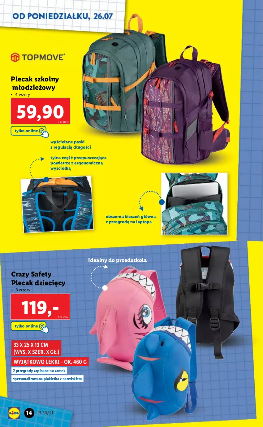 Gazetka promocyjna Lidl - KATALOG SKLEPÓW STACJONARNYCH - ważna 26.07 do 07.08.2021 - strona 14 - produkty: Dzieci, Plecak, Top