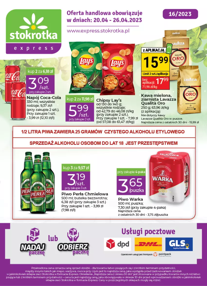 Gazetka promocyjna Stokrotka - Stokrotka Express - ważna 20.04 do 26.04.2023 - strona 1 - produkty: Coca-Cola, Kawa, Kawa mielona, Lavazza, Napój, Perła, Piwo, Warka