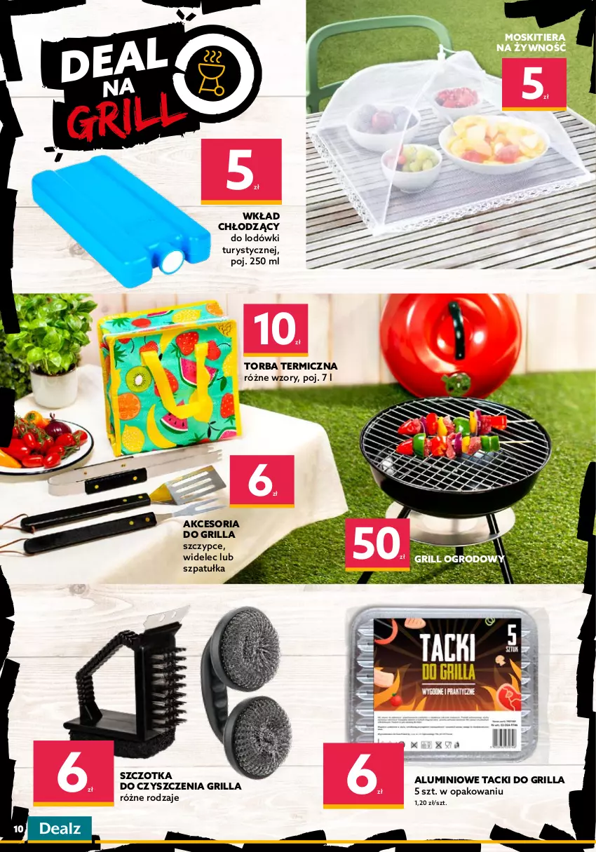 Gazetka promocyjna Dealz - NOWA GAZETKADeal na grill! - ważna 20.04 do 03.05.2022 - strona 10 - produkty: Grill, Osłonka, Rękawice, Szczotka, Szczypce, Sznurek, Szpatułka, Torba, Widelec