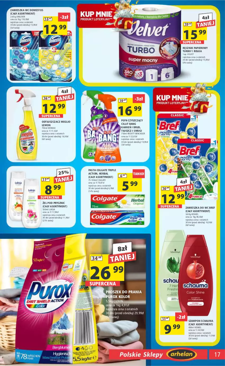 Gazetka promocyjna Arhelan - Gazetka - ważna 06.10 do 15.10.2023 - strona 17 - produkty: Bref, Cillit Bang, Colgate, Domestos, LG, Lovi, Luksja, Odtłuszczacz, Papier, Proszek do prania, Pur, Ręcznik, Schauma, Ser, Szampon, Velvet, Zawieszka do wc