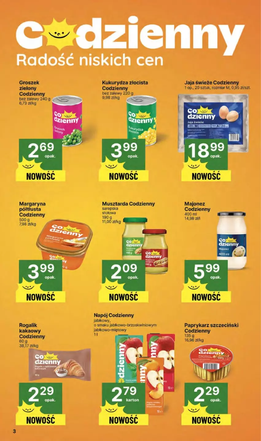 Gazetka promocyjna Delikatesy Centrum - Franczyza DC42 Czwartek - ważna 16.10 do 22.10.2025 - strona 3 - produkty: Groszek, Jaja, Kakao, Kukurydza, Majonez, Margaryna, Mus, Musztarda, Napój, Papryka, Paprykarz, Paprykarz szczeciński, Rogal