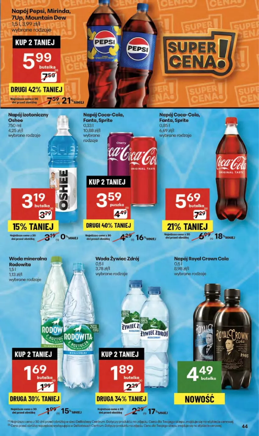 Gazetka promocyjna Delikatesy Centrum - Franczyza DC42 Czwartek - ważna 16.10 do 22.10.2025 - strona 44 - produkty: 7up, Coca-Cola, Fa, Fanta, Gin, Mirinda, Napój, Napój izotoniczny, Oshee, Pepsi, Rum, Sprite, Woda, Woda mineralna