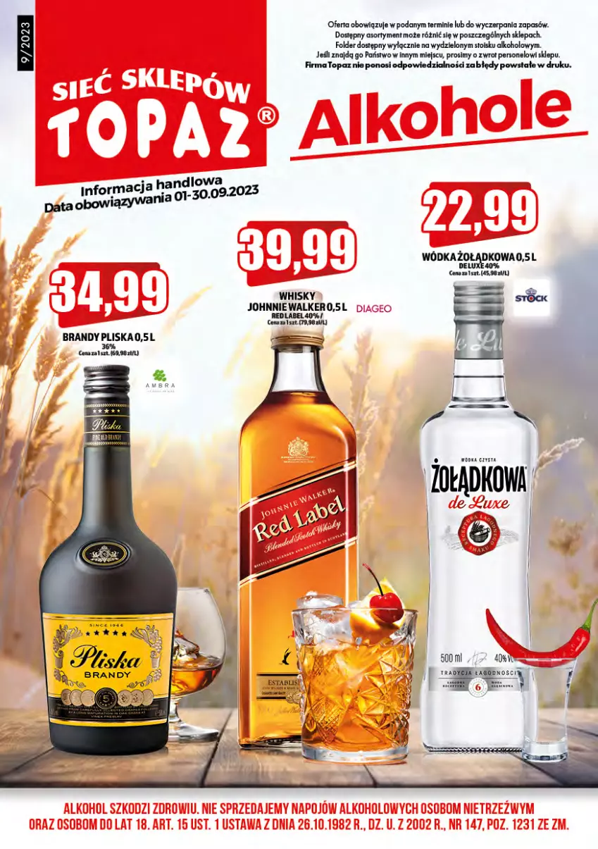 Gazetka promocyjna Topaz - Gazetka - ważna 01.09 do 30.09.2023 - strona 1 - produkty: Brandy, Pliska, Top, Whisky, Wódka